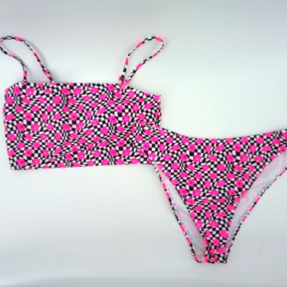 NWOT Csbana Del Sol Black White Pink Floral Bikini Set Top Bottom L Beach Pool